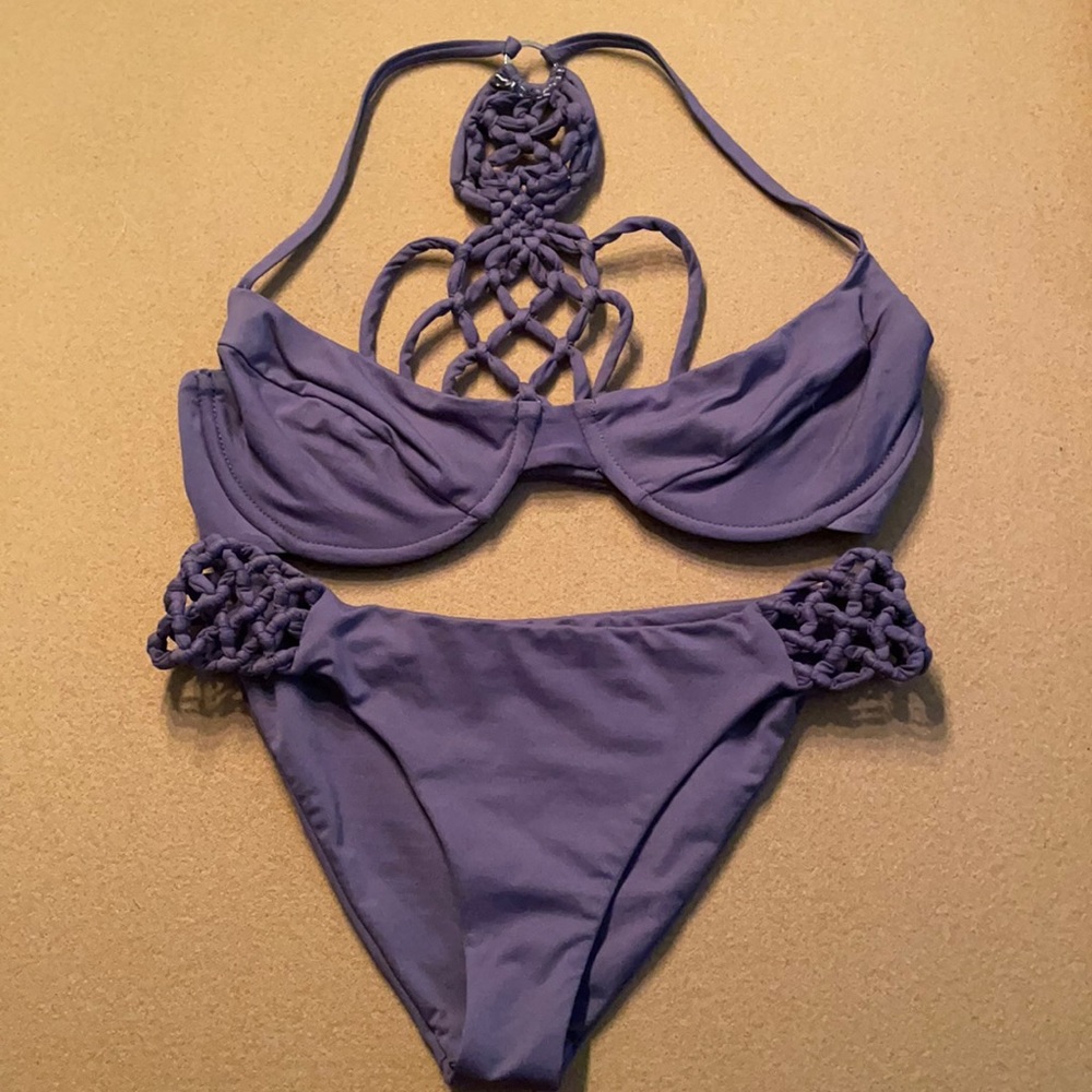 Frankie's Bikinis Lavender Purple Macramé Detail Bikini Set